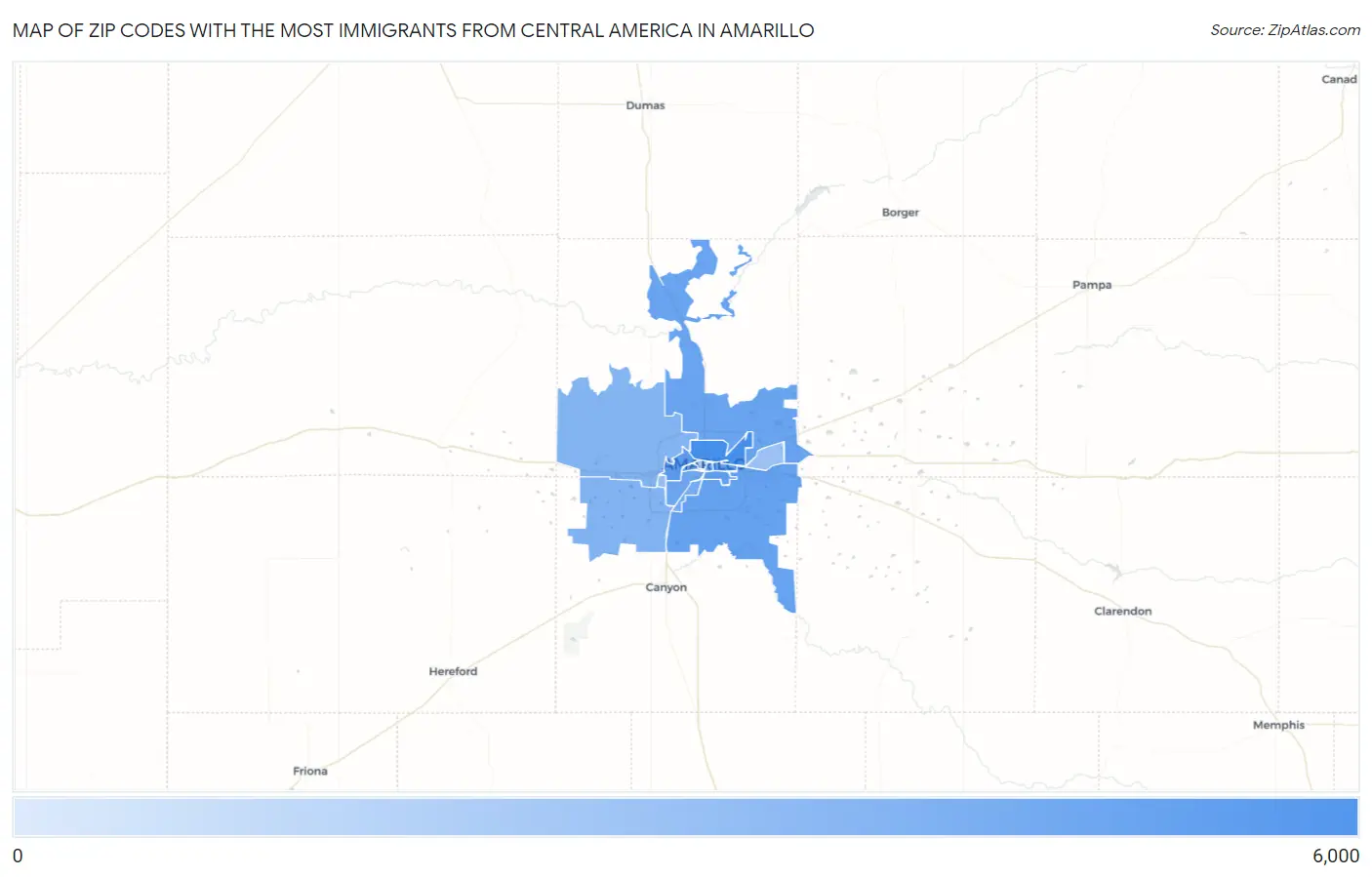Zip Codes with the Most Immigrants from Central America in Amarillo Map