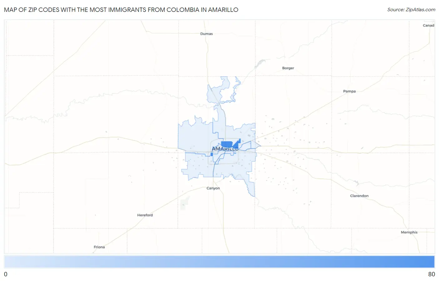 Zip Codes with the Most Immigrants from Colombia in Amarillo Map