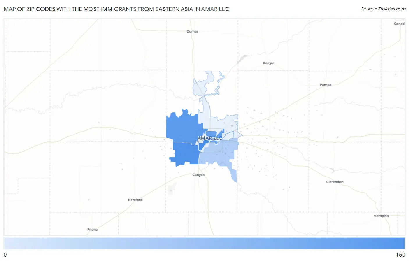 Zip Codes with the Most Immigrants from Eastern Asia in Amarillo Map