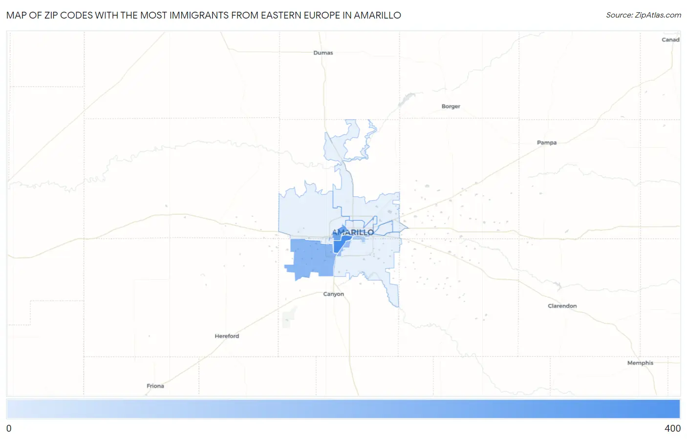 Zip Codes with the Most Immigrants from Eastern Europe in Amarillo Map