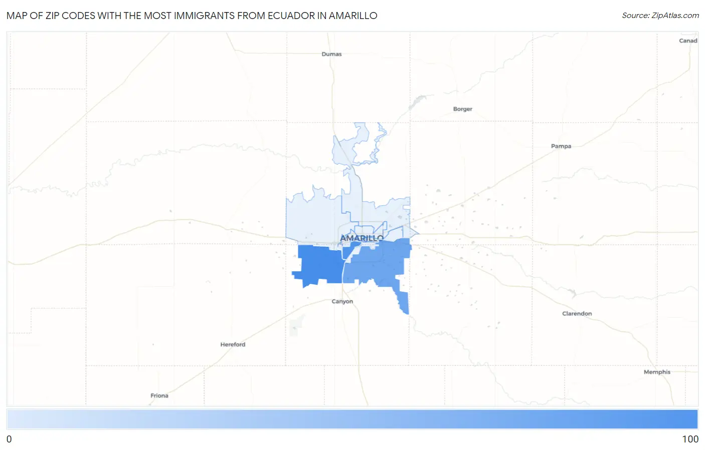 Zip Codes with the Most Immigrants from Ecuador in Amarillo Map