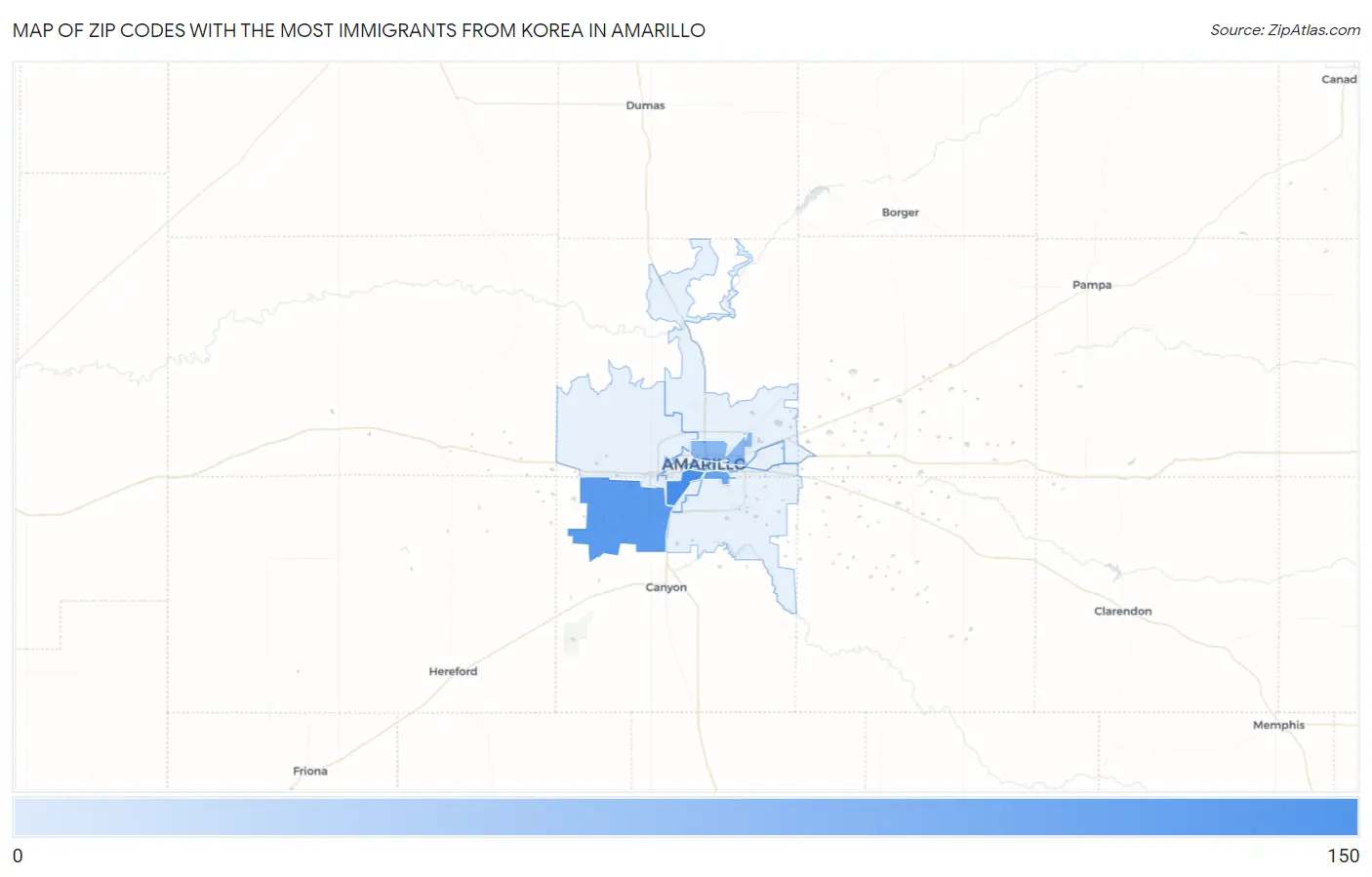 Zip Codes with the Most Immigrants from Korea in Amarillo Map