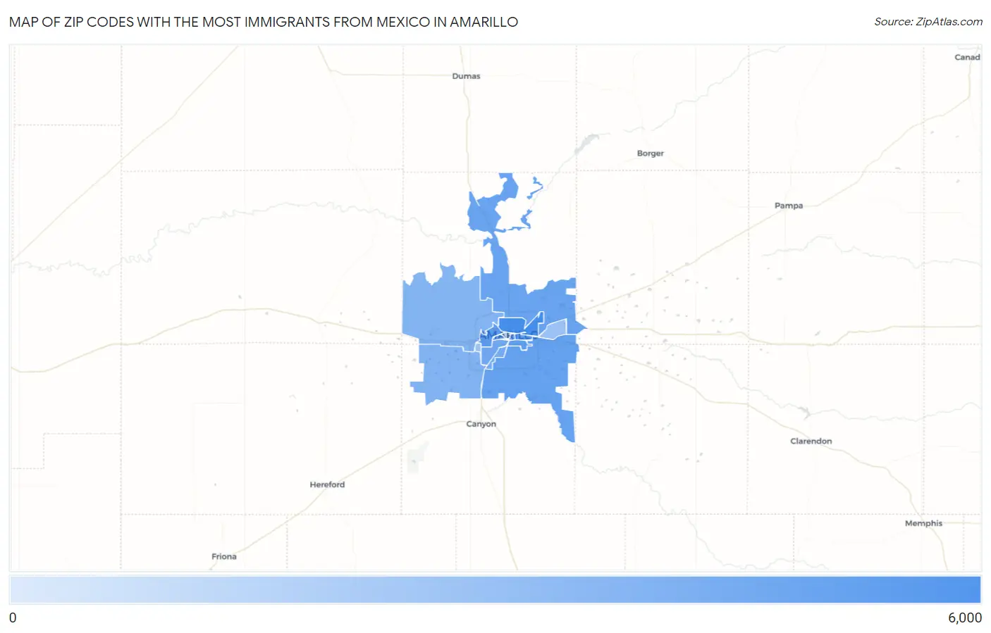 Zip Codes with the Most Immigrants from Mexico in Amarillo Map