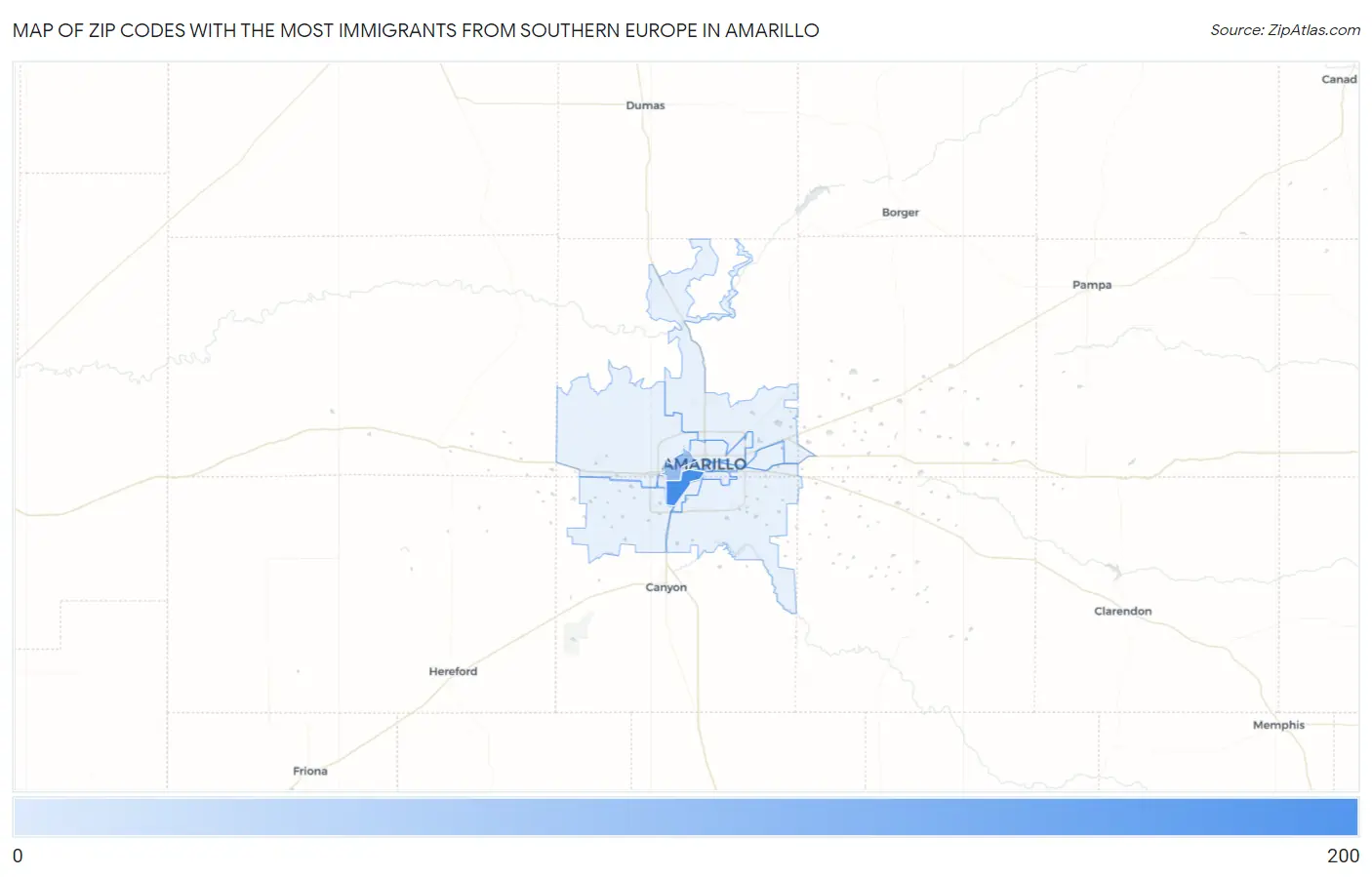 Zip Codes with the Most Immigrants from Southern Europe in Amarillo Map