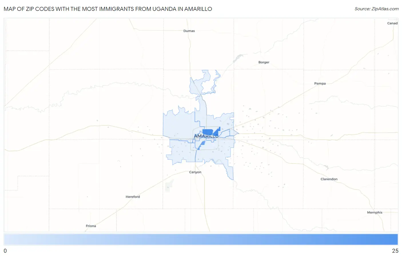 Zip Codes with the Most Immigrants from Uganda in Amarillo Map