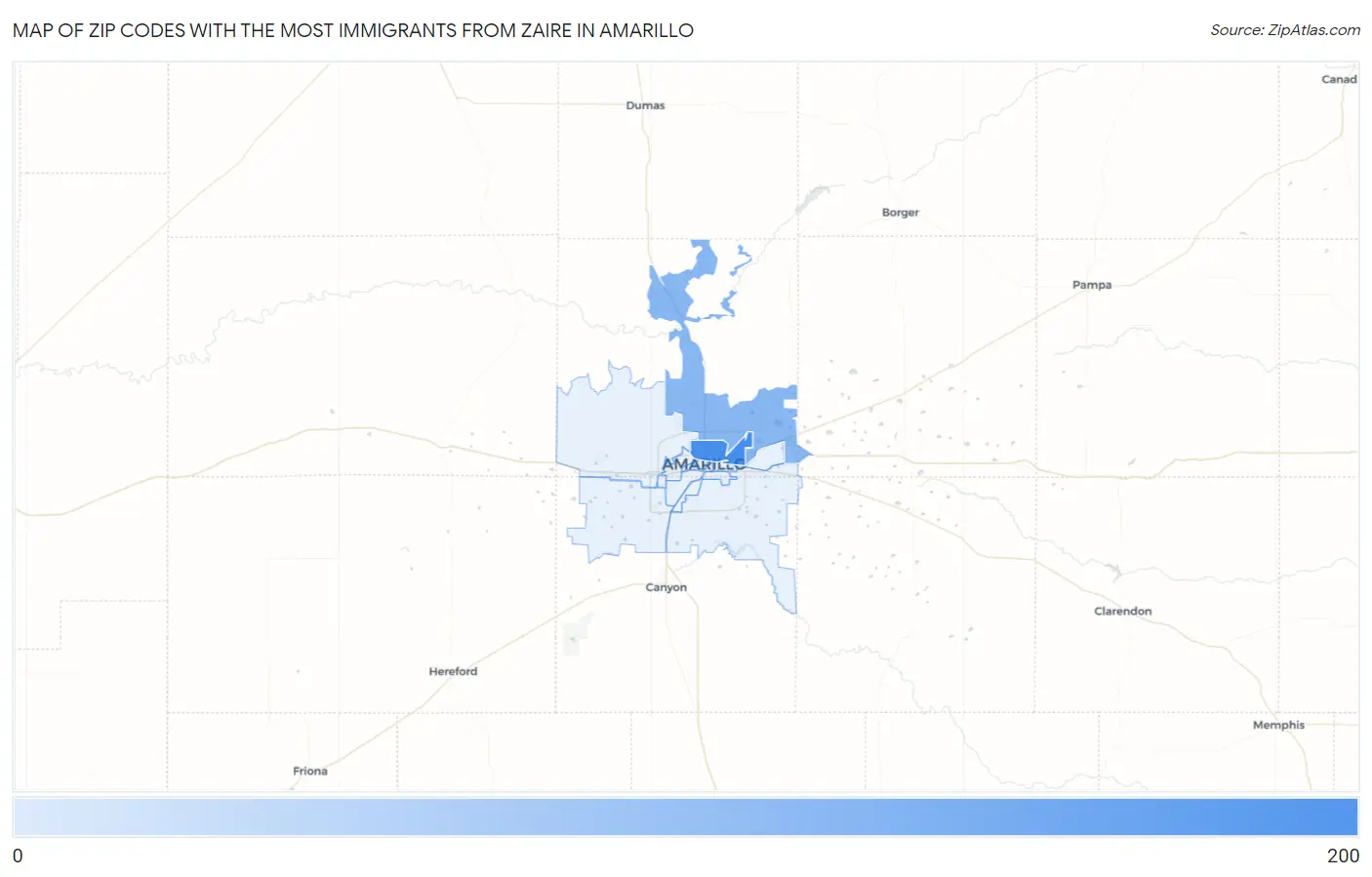 Zip Codes with the Most Immigrants from Zaire in Amarillo Map