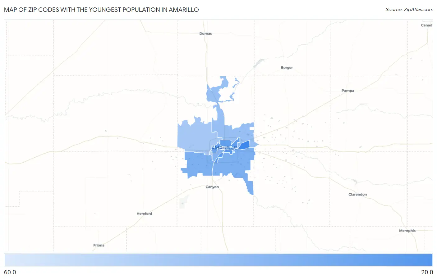 Zip Codes with the Youngest Population in Amarillo Map