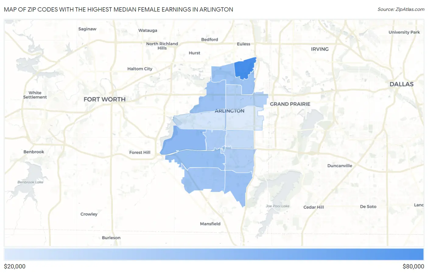 Zip Codes with the Highest Median Female Earnings in Arlington Map