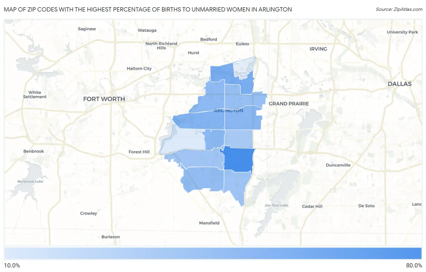 Zip Codes with the Highest Percentage of Births to Unmarried Women in Arlington Map