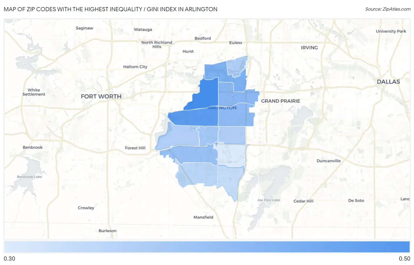 Zip Codes with the Highest Inequality / Gini Index in Arlington Map