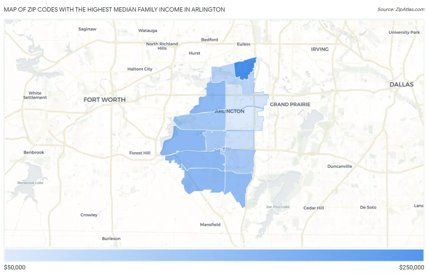 Zip Codes with the Highest Median Family Income in Arlington Map