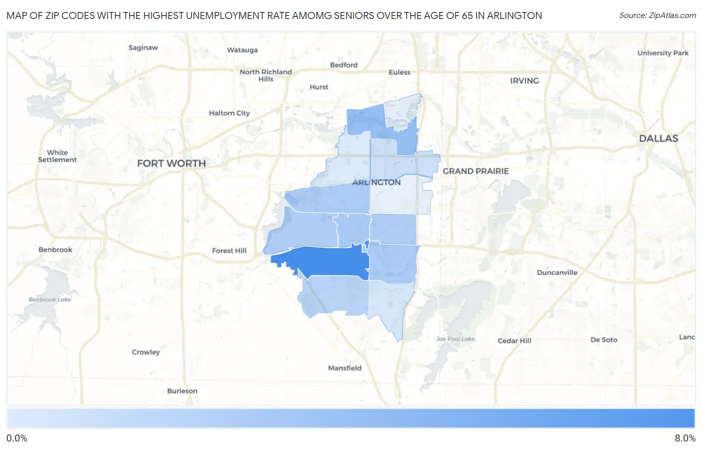 Zip Codes with the Highest Unemployment Rate Amomg Seniors Over the Age of 65 in Arlington Map