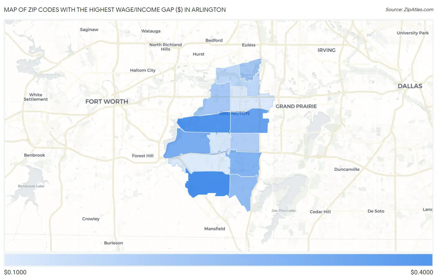 Zip Codes with the Highest Wage/Income Gap ($) in Arlington Map
