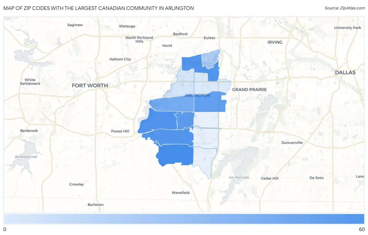 Zip Codes with the Largest Canadian Community in Arlington Map
