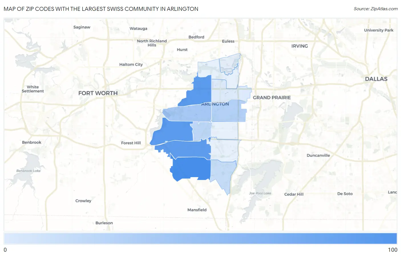 Zip Codes with the Largest Swiss Community in Arlington Map