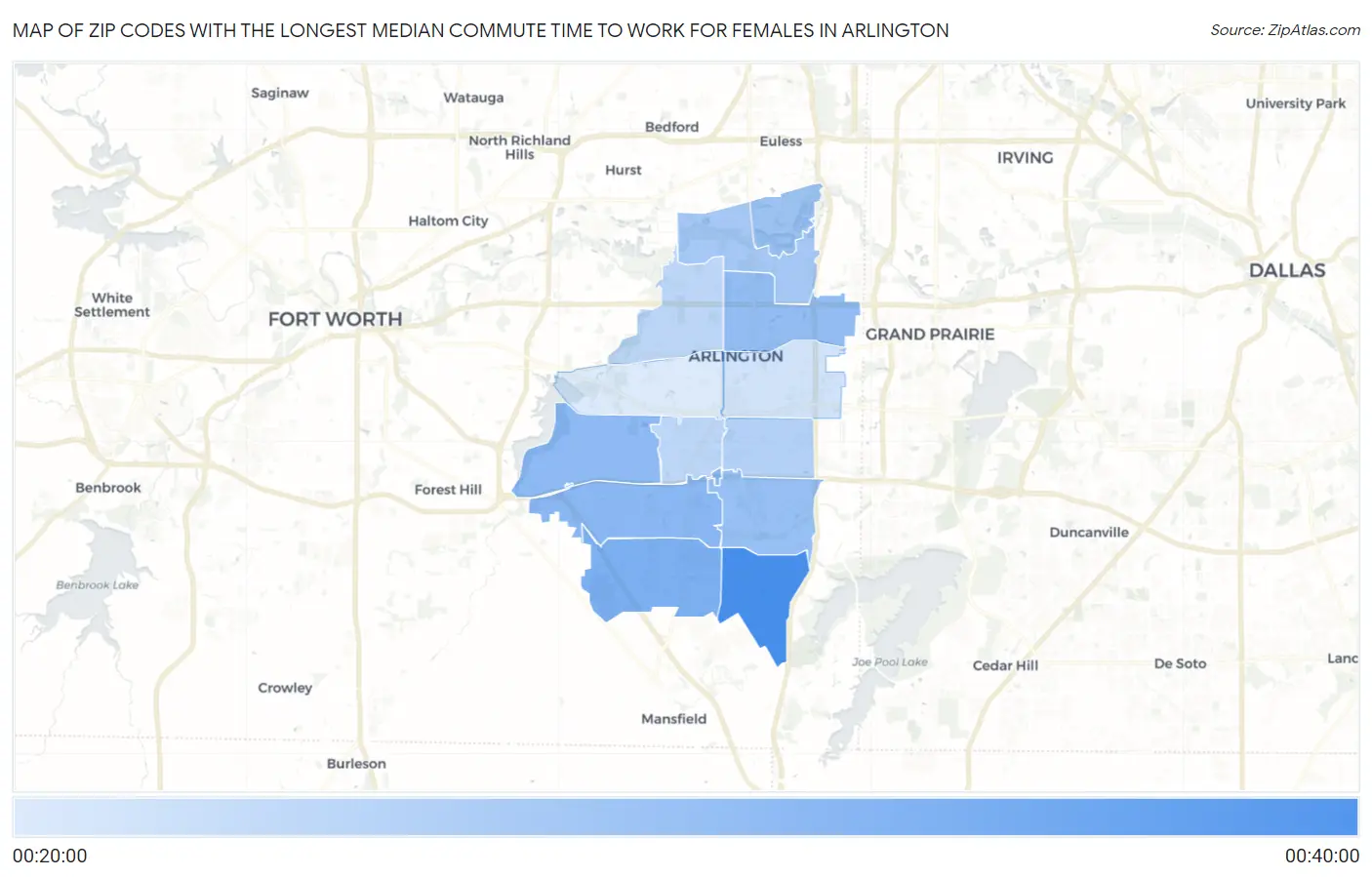 Zip Codes with the Longest Median Commute Time to Work for Females in Arlington Map