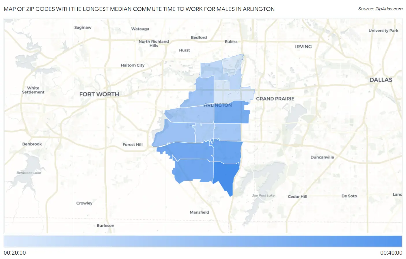 Zip Codes with the Longest Median Commute Time to Work for Males in Arlington Map
