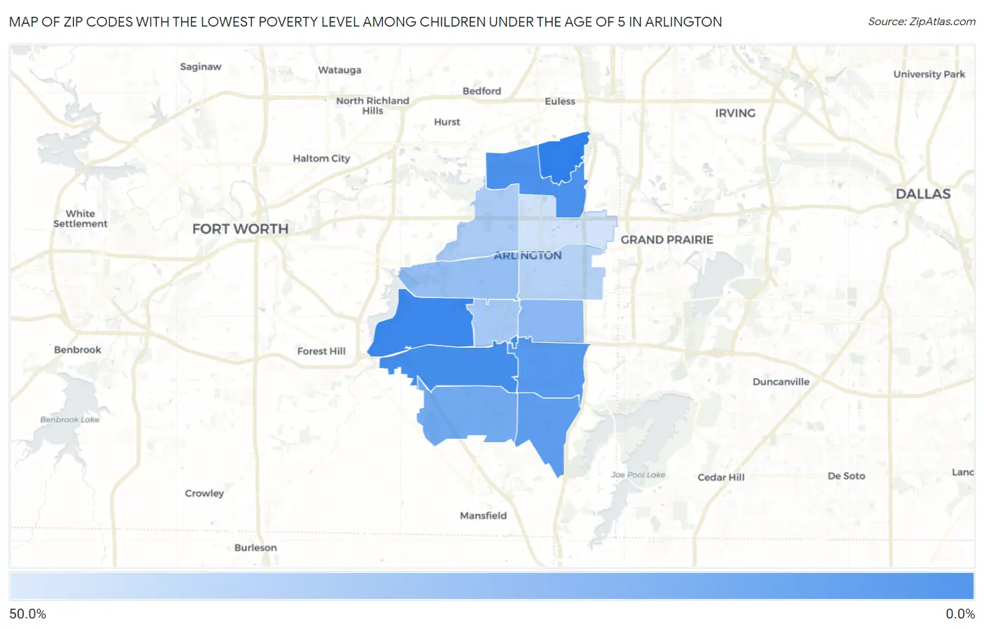 Zip Codes with the Lowest Poverty Level Among Children Under the Age of 5 in Arlington Map