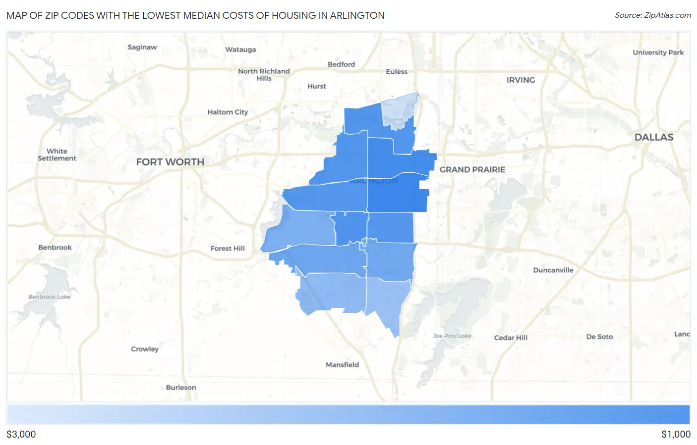 Zip Codes with the Lowest Median Costs of Housing in Arlington Map