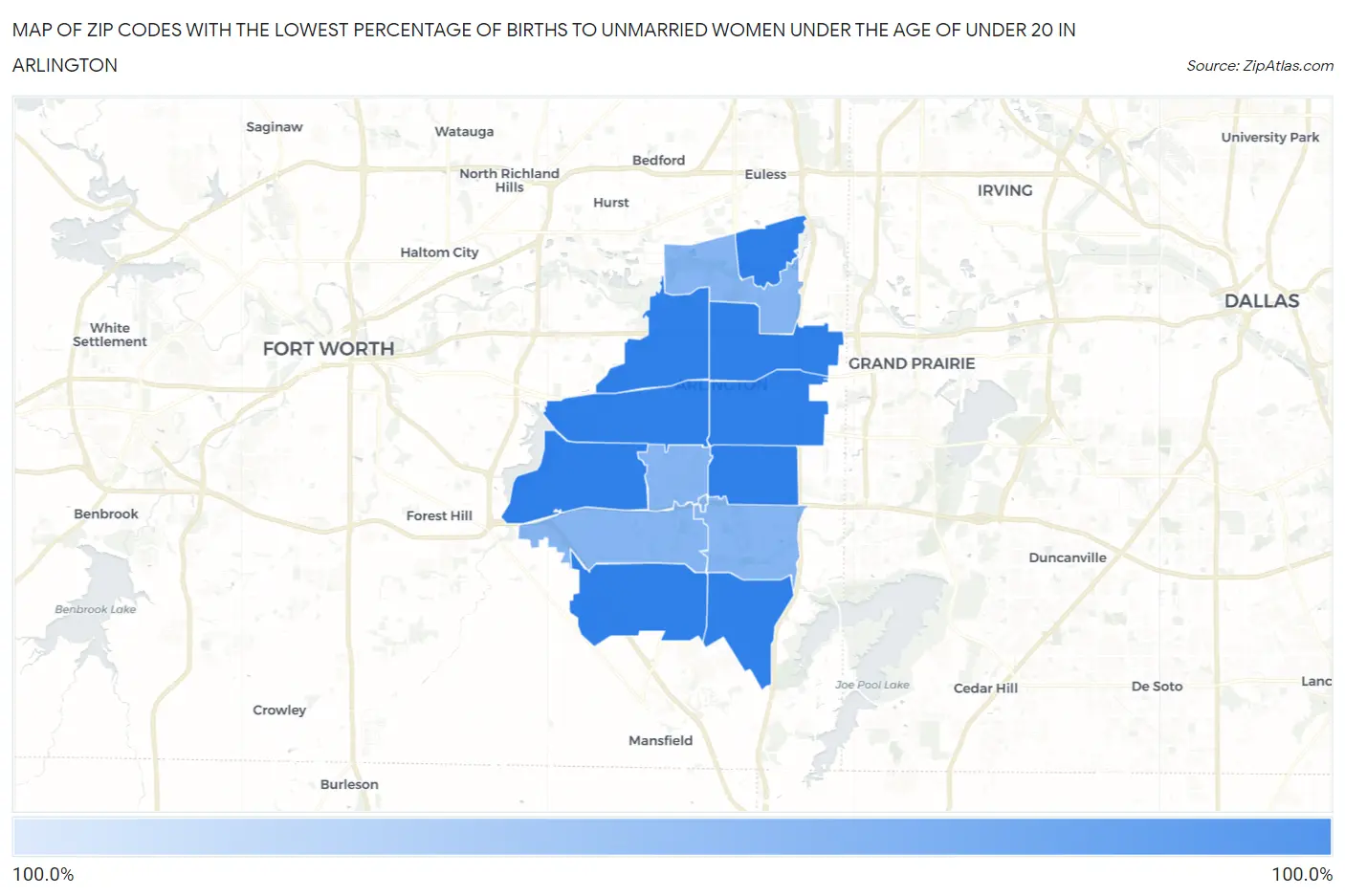 Zip Codes with the Lowest Percentage of Births to Unmarried Women under the Age of under 20 in Arlington Map