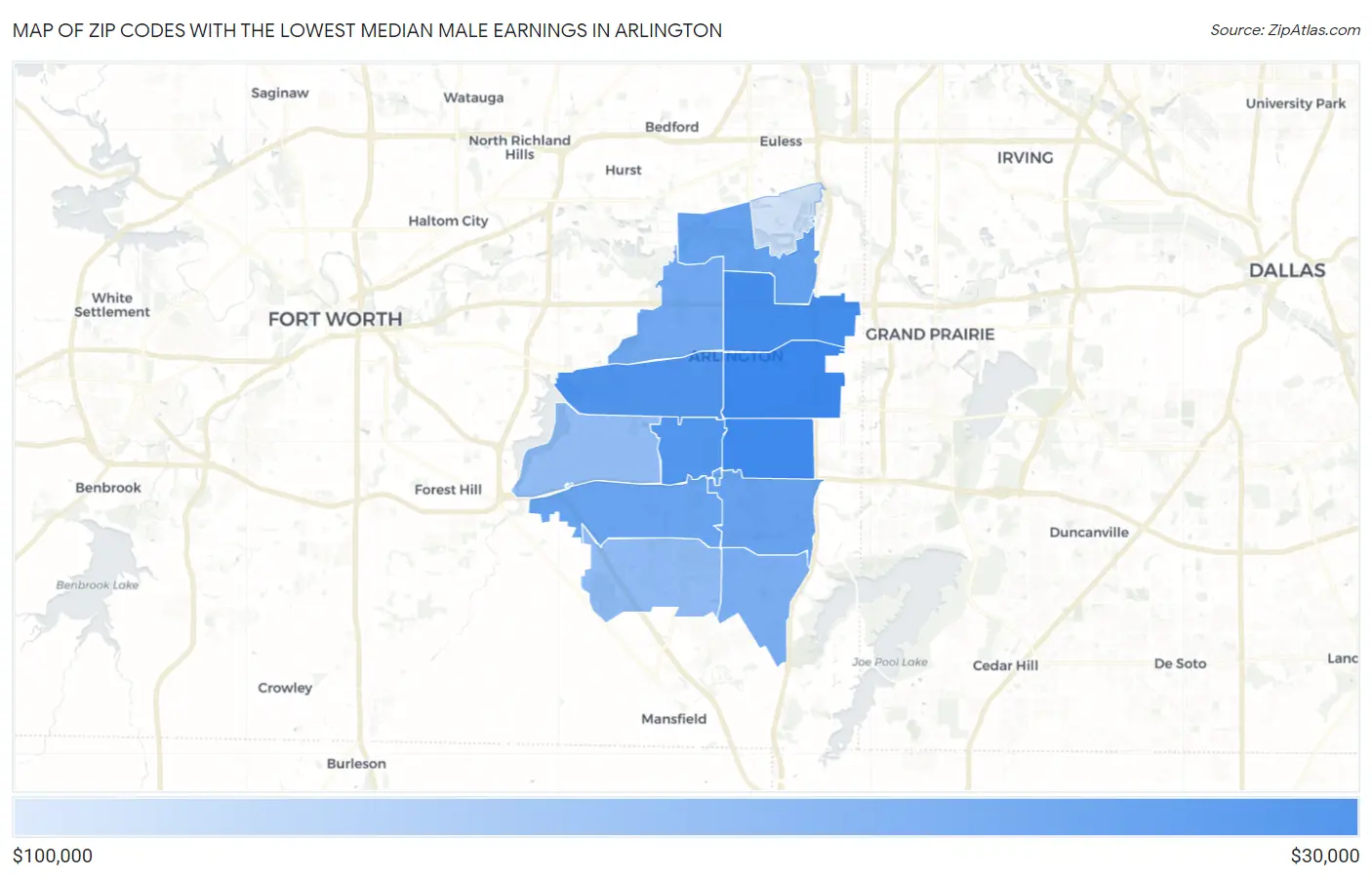 Zip Codes with the Lowest Median Male Earnings in Arlington Map
