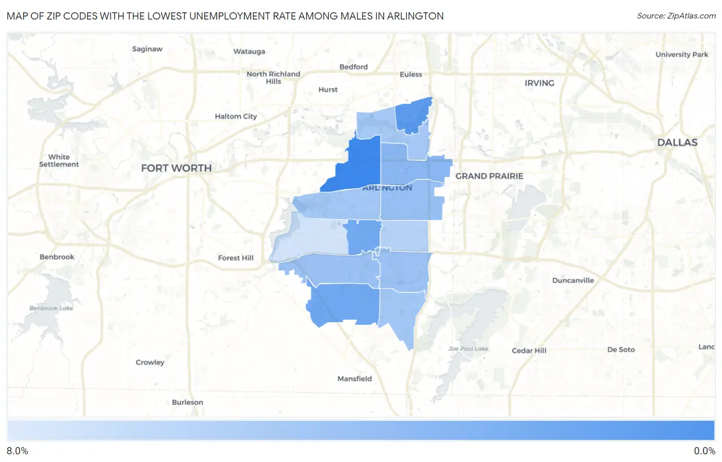 Zip Codes with the Lowest Unemployment Rate Among Males in Arlington Map