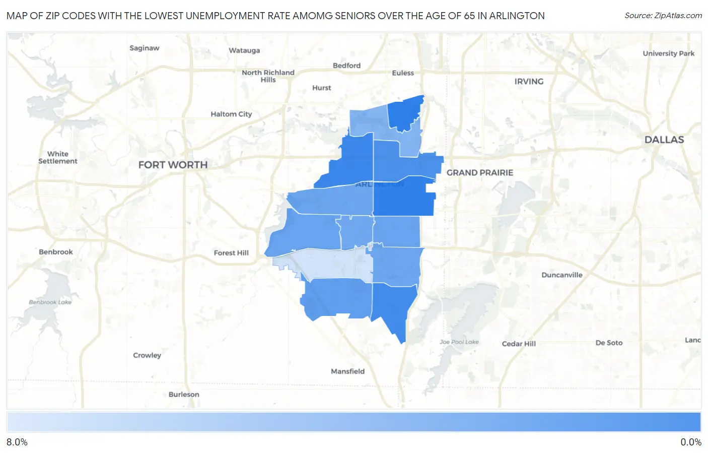 Zip Codes with the Lowest Unemployment Rate Amomg Seniors Over the Age of 65 in Arlington Map