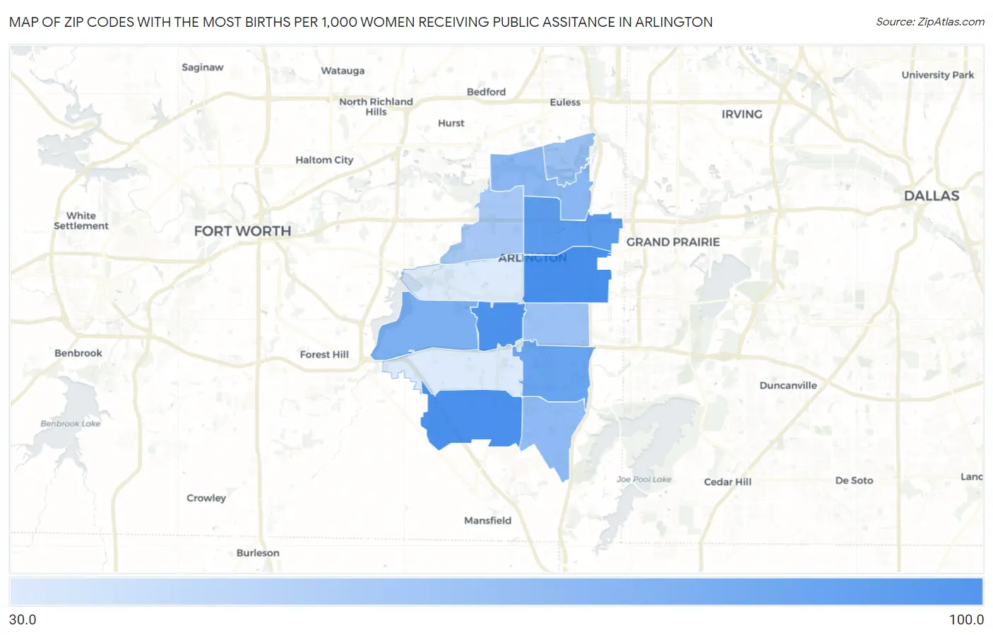 Zip Codes with the Most Births per 1,000 Women Receiving Public Assitance in Arlington Map