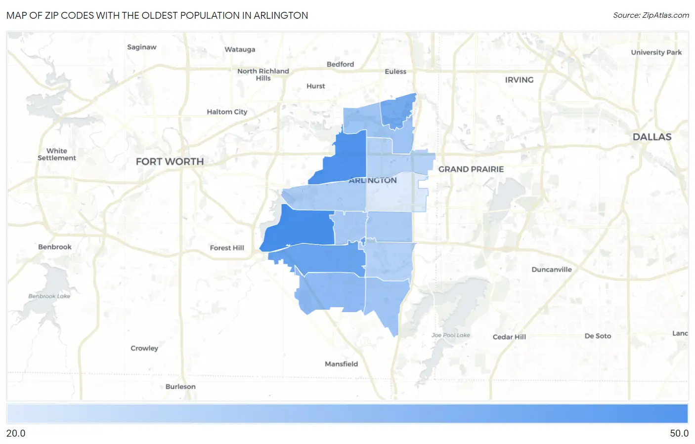 Zip Codes with the Oldest Population in Arlington Map