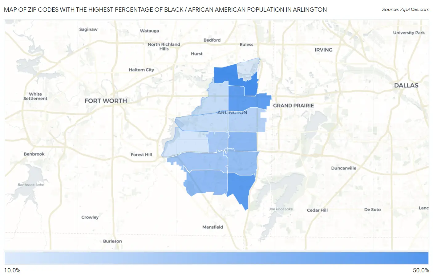 Zip Codes with the Highest Percentage of Black / African American Population in Arlington Map