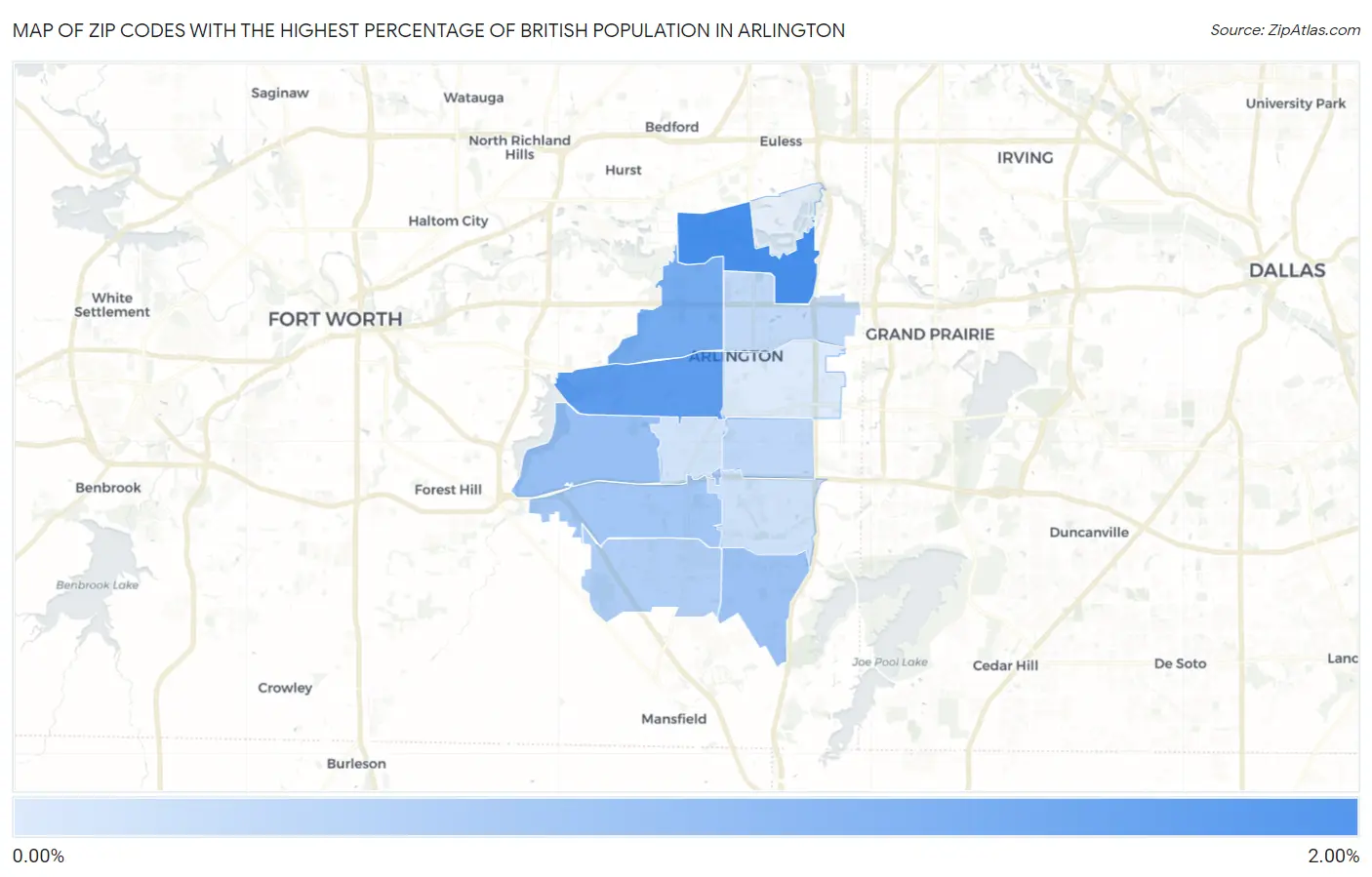 Zip Codes with the Highest Percentage of British Population in Arlington Map