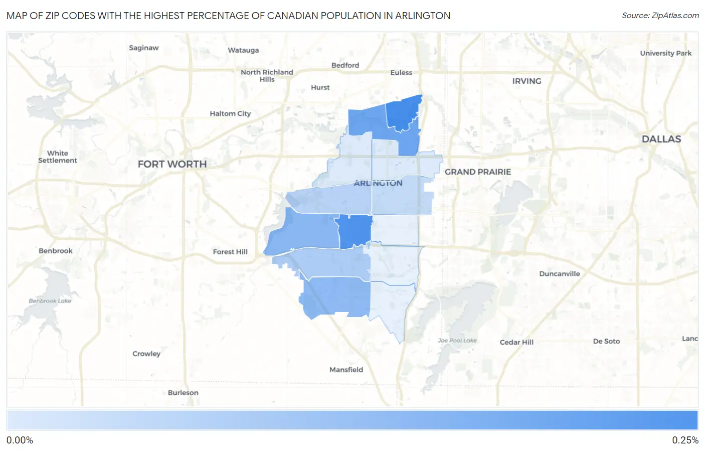 Zip Codes with the Highest Percentage of Canadian Population in Arlington Map