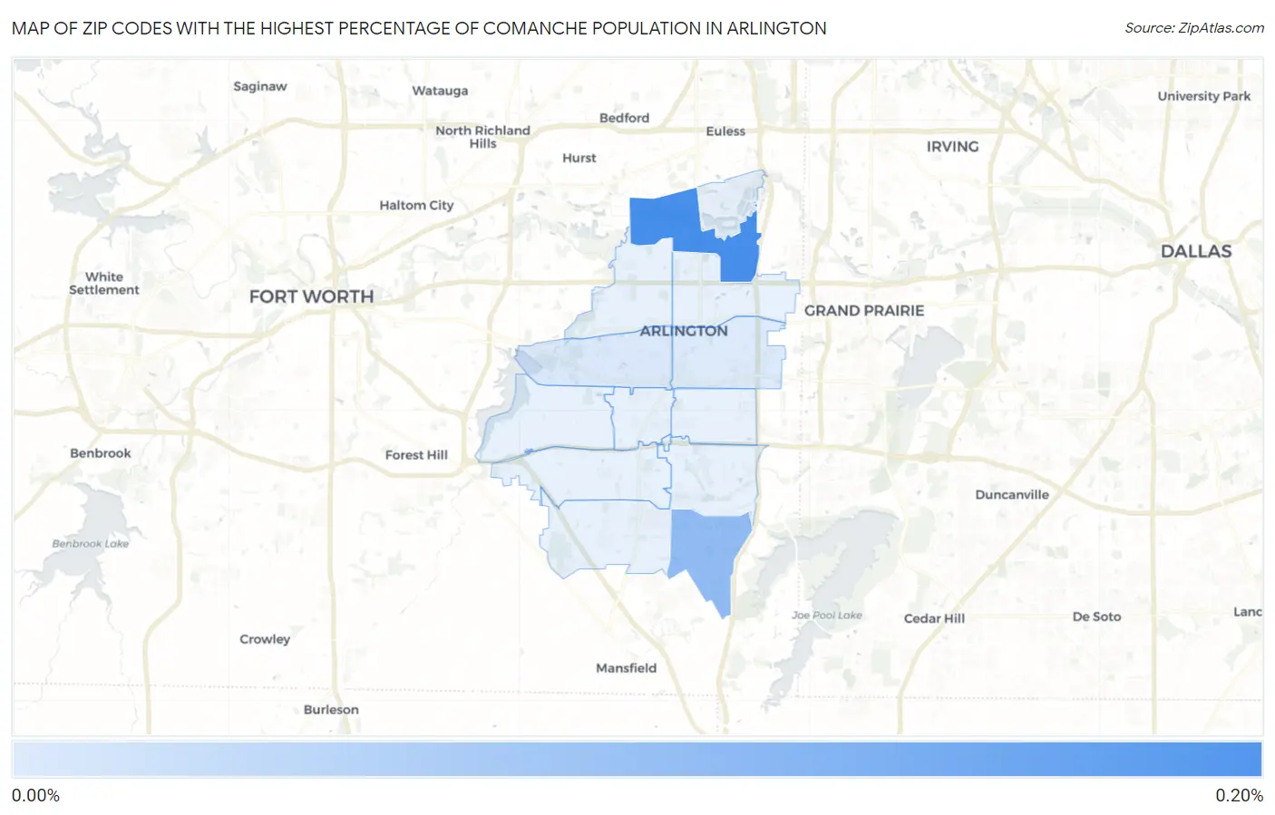 Zip Codes with the Highest Percentage of Comanche Population in Arlington Map