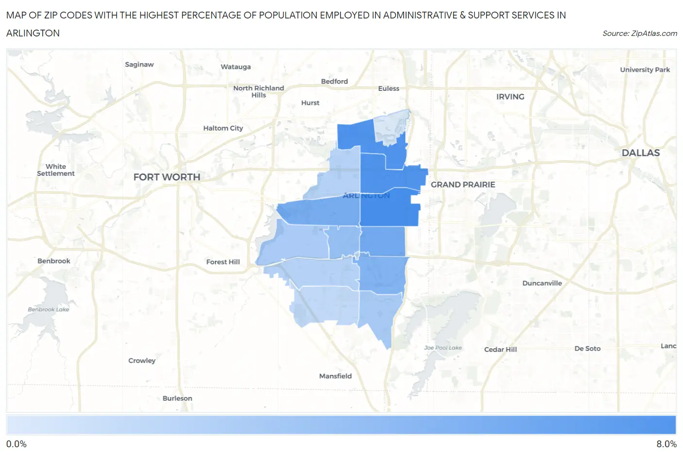 Zip Codes with the Highest Percentage of Population Employed in Administrative & Support Services in Arlington Map