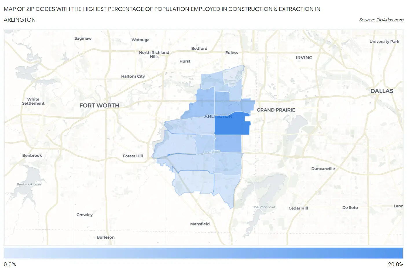 Zip Codes with the Highest Percentage of Population Employed in Construction & Extraction in Arlington Map