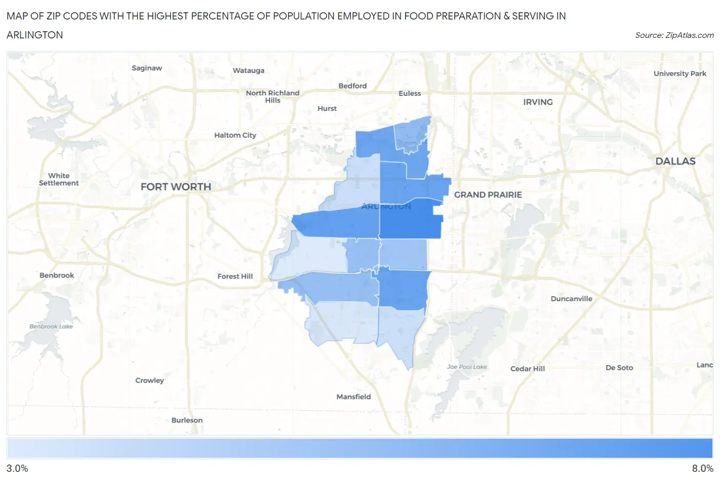 Zip Codes with the Highest Percentage of Population Employed in Food Preparation & Serving in Arlington Map
