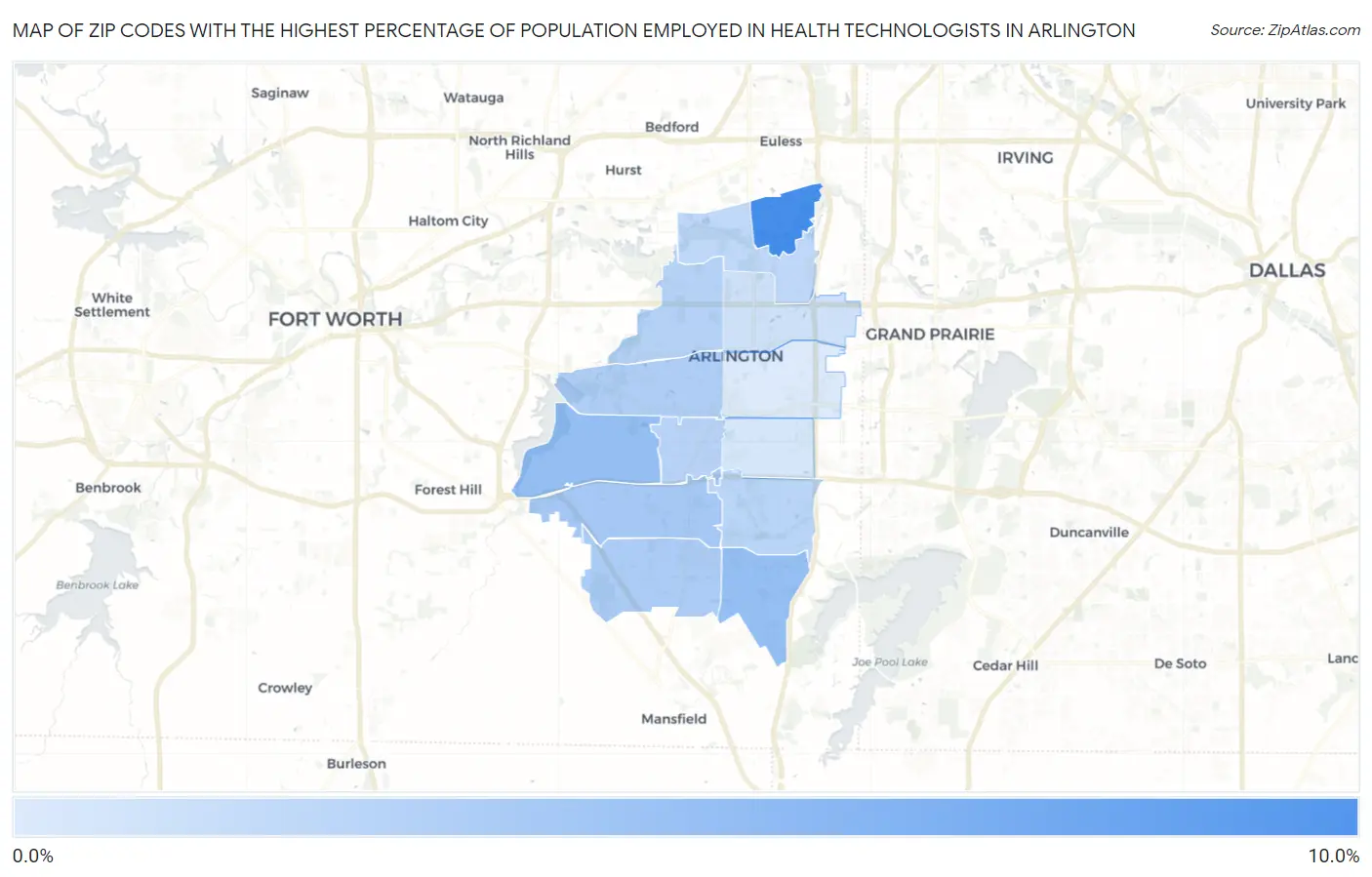 Zip Codes with the Highest Percentage of Population Employed in Health Technologists in Arlington Map