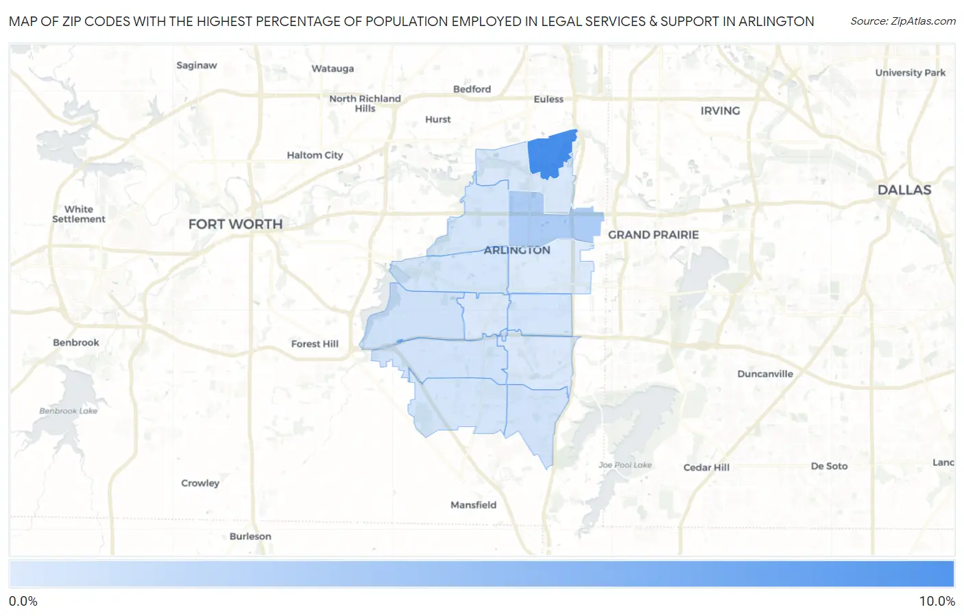 Zip Codes with the Highest Percentage of Population Employed in Legal Services & Support in Arlington Map