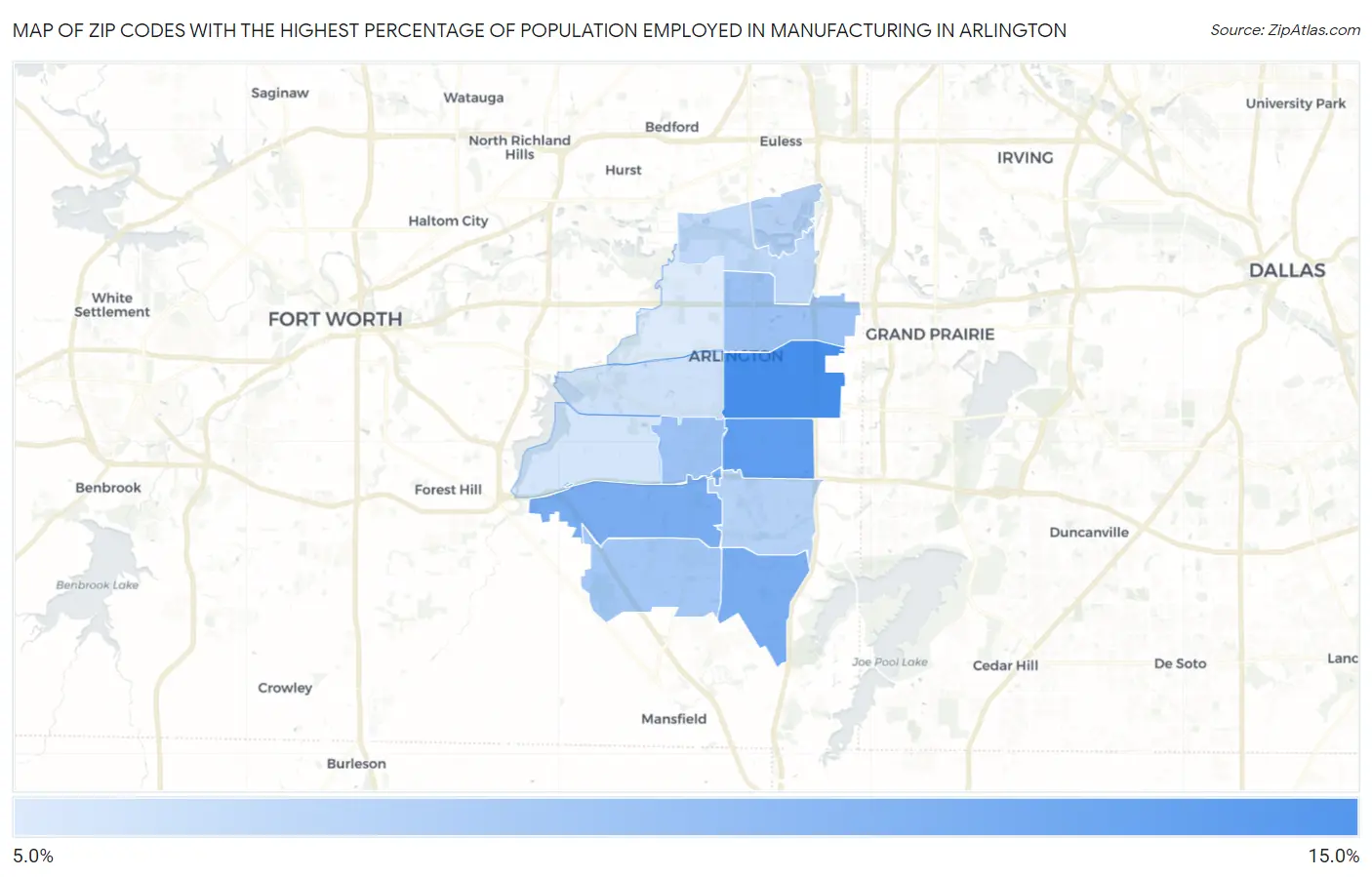 Zip Codes with the Highest Percentage of Population Employed in Manufacturing in Arlington Map