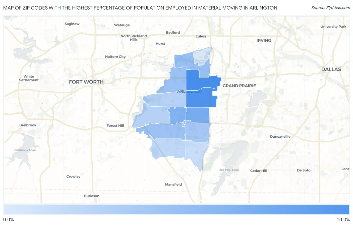 Zip Codes with the Highest Percentage of Population Employed in Material Moving in Arlington Map