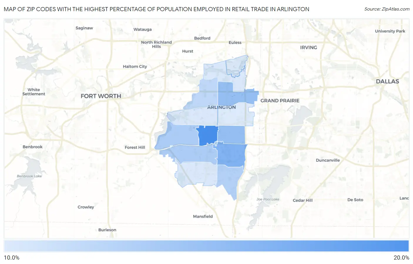 Zip Codes with the Highest Percentage of Population Employed in Retail Trade in Arlington Map