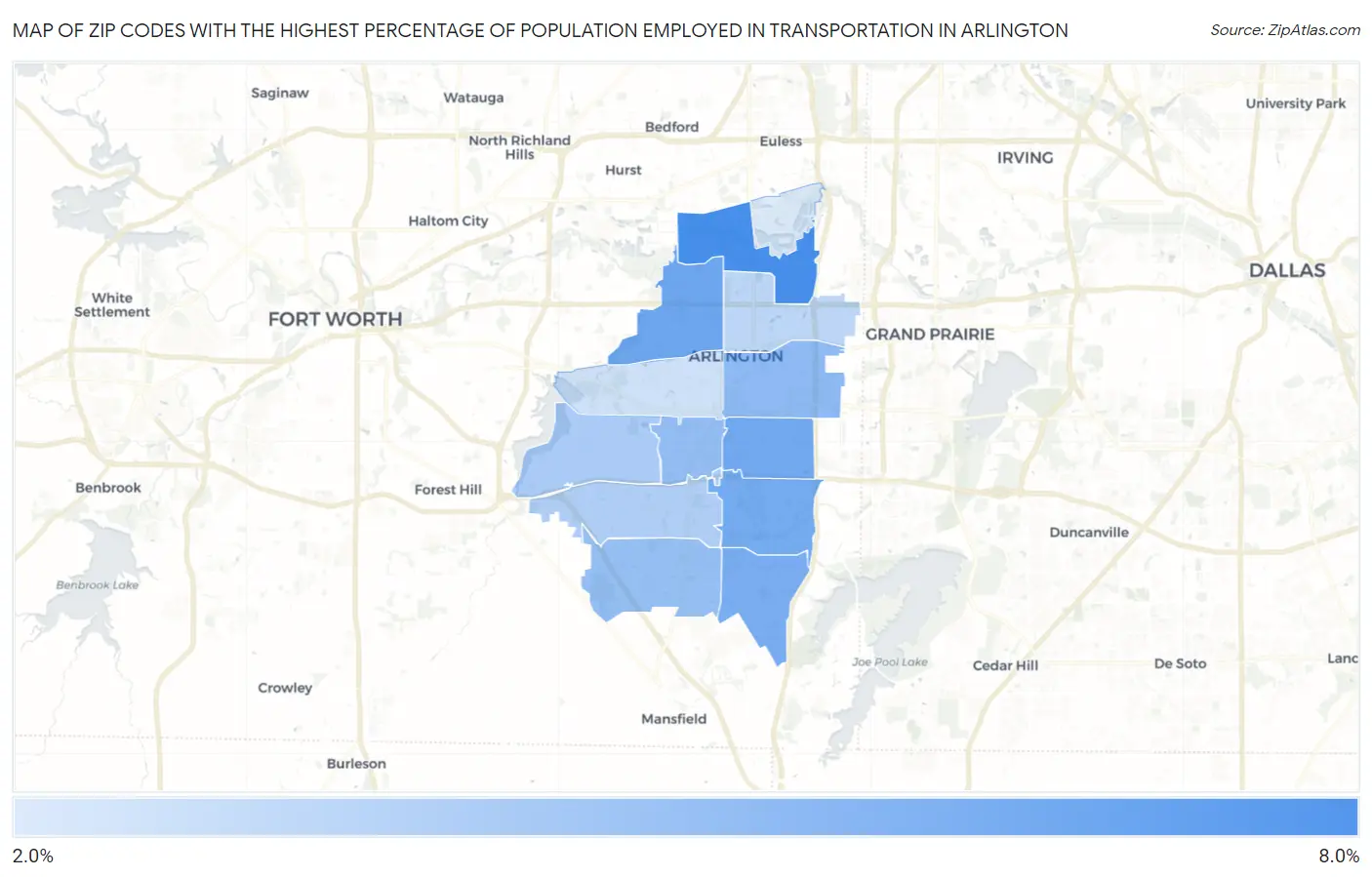 Zip Codes with the Highest Percentage of Population Employed in Transportation in Arlington Map