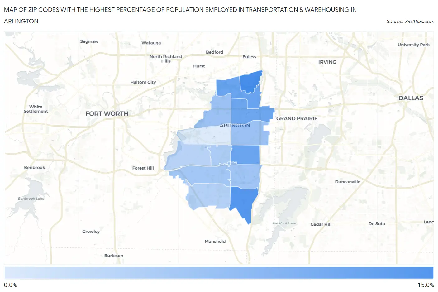 Zip Codes with the Highest Percentage of Population Employed in Transportation & Warehousing in Arlington Map