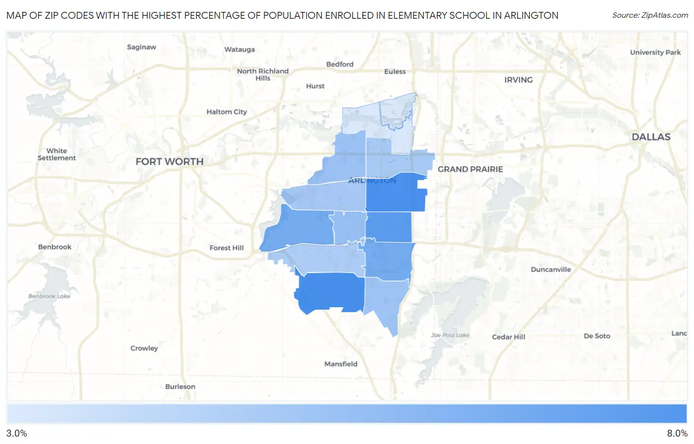 Zip Codes with the Highest Percentage of Population Enrolled in Elementary School in Arlington Map
