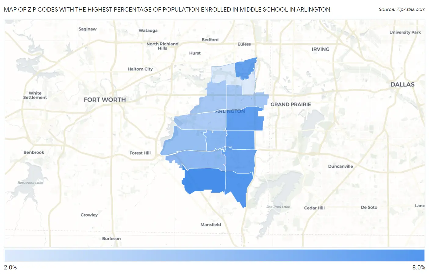 Zip Codes with the Highest Percentage of Population Enrolled in Middle School in Arlington Map