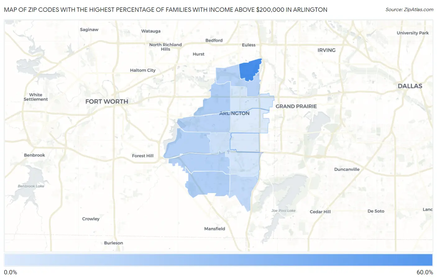 Zip Codes with the Highest Percentage of Families with Income Above $200,000 in Arlington Map