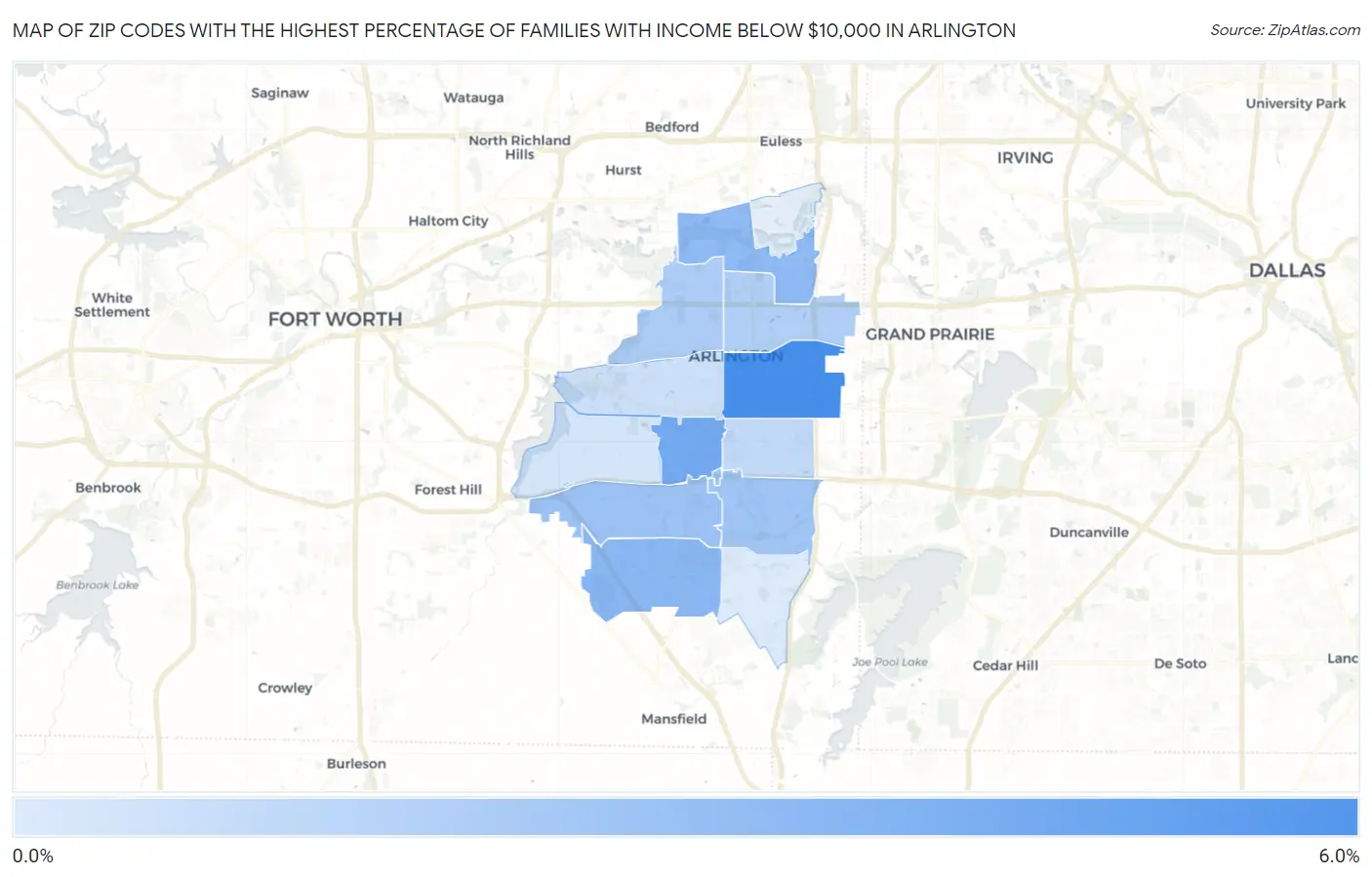 Zip Codes with the Highest Percentage of Families with Income Below $10,000 in Arlington Map