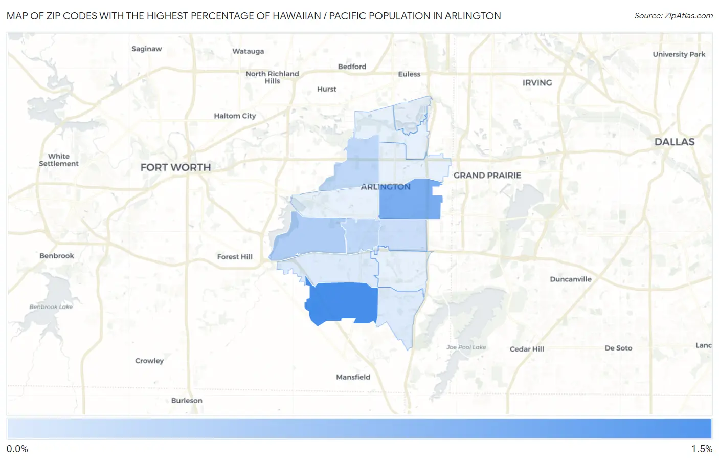 Zip Codes with the Highest Percentage of Hawaiian / Pacific Population in Arlington Map