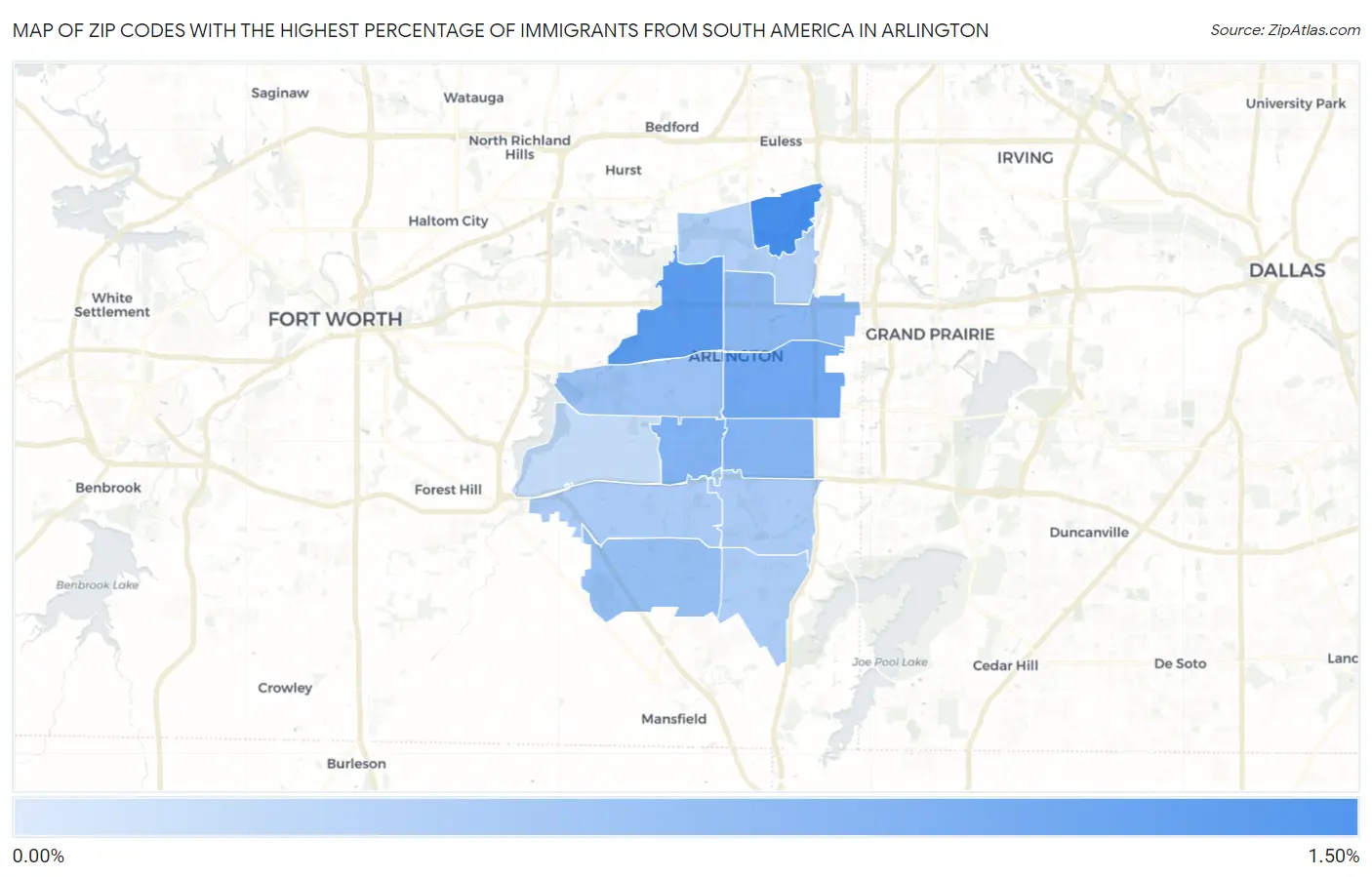 Zip Codes with the Highest Percentage of Immigrants from South America in Arlington Map