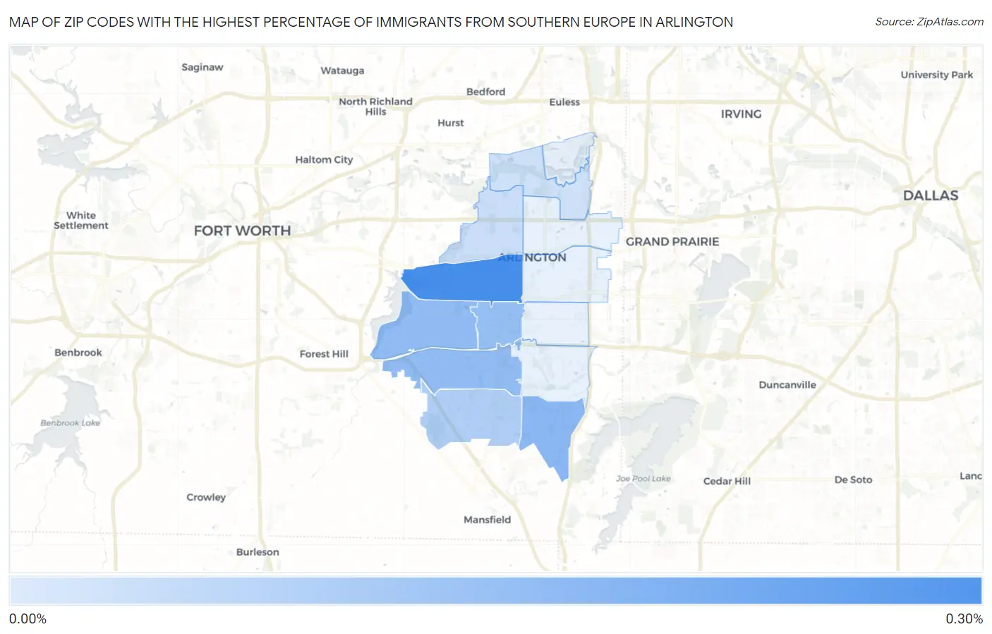 Zip Codes with the Highest Percentage of Immigrants from Southern Europe in Arlington Map